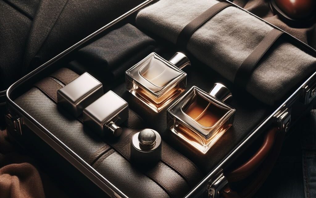 A luxurious suite with elegant clothing and perfume bottles arranged on a table.