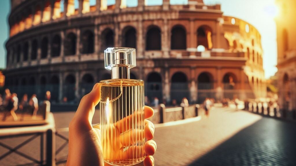 A person holding a bottle of fragrance against the backdrop of the Roman Colosseum.