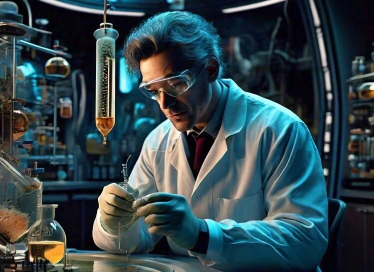 A scientist in a white lab coat examining a vial of glowing liquid in a futuristic laboratory setting.